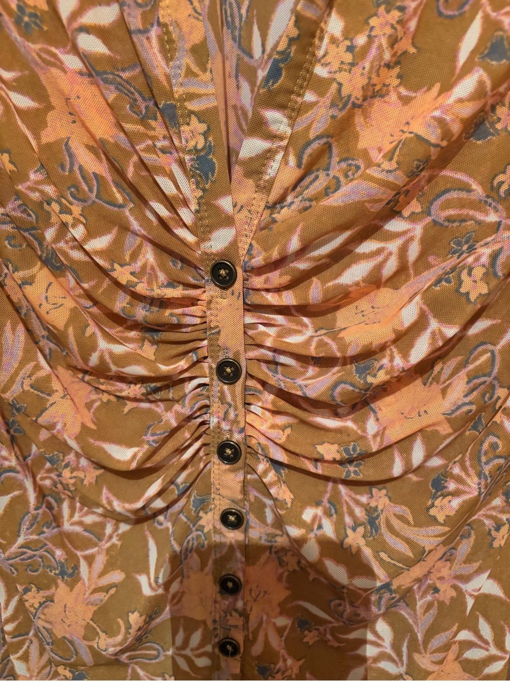 Free People Lucky Shirtee. Mustard Floral Ruched Button-Down Shirt - Picture 2 of 3